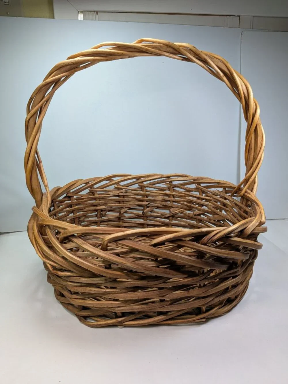 Vintage Extra Large Open Weave Wicker Basket Firm Hand Woven Gathering Basket